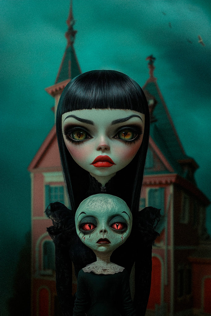 Kuvassa on AI:n luoma teos, jossa mustahiuksinen, vihaisen näköinen nainen seisoo dramaattisessa ja jännittyneessä tunnelmassa. Naisen edessä lattialla on pieni, ruma nukke, joka korostaa tilanteen symboliikkaa. Nukke kuvastaa kopioinnin epäaitoutta ja kömpelyyttä.